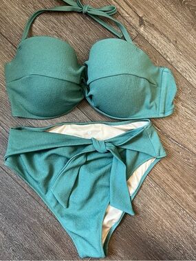 Shade & Shore Teal Bandeau Bikini with Tie-Front High-Rise Bottom